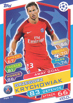 Grzegorz Krychowiak Paris Saint-Germain 2016/17 Topps Match Attax CL Away Goal #PSG12
